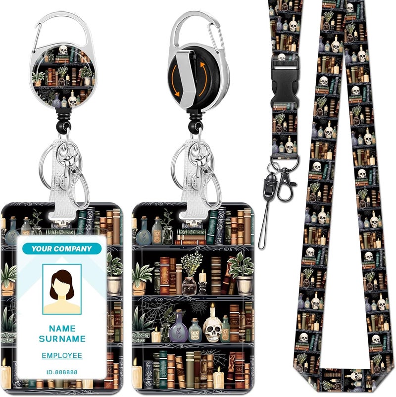 Hancynir Goth Bookshelf Skull Lanyard for Id Badges, Funny Gothic Badge Holder with Retractable Reel Clip, Work Name Tags Keychain Lanyard with ID Holder, Card Protector for Teacher Nurse Office Gifts - Image 1